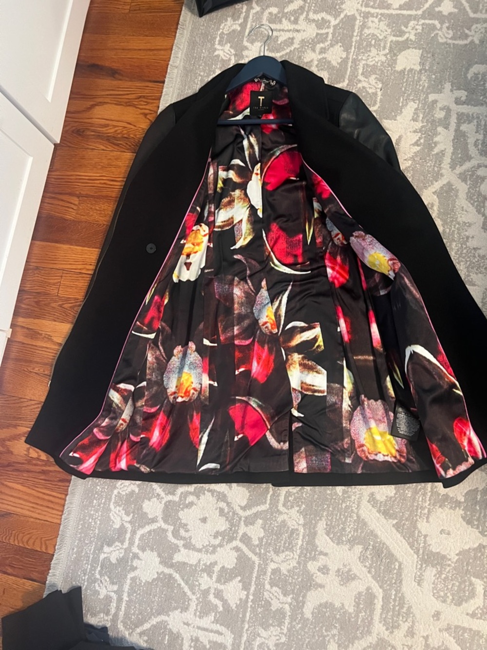 Ted Baker Black Coat with Red and Pink Floral Lining like new